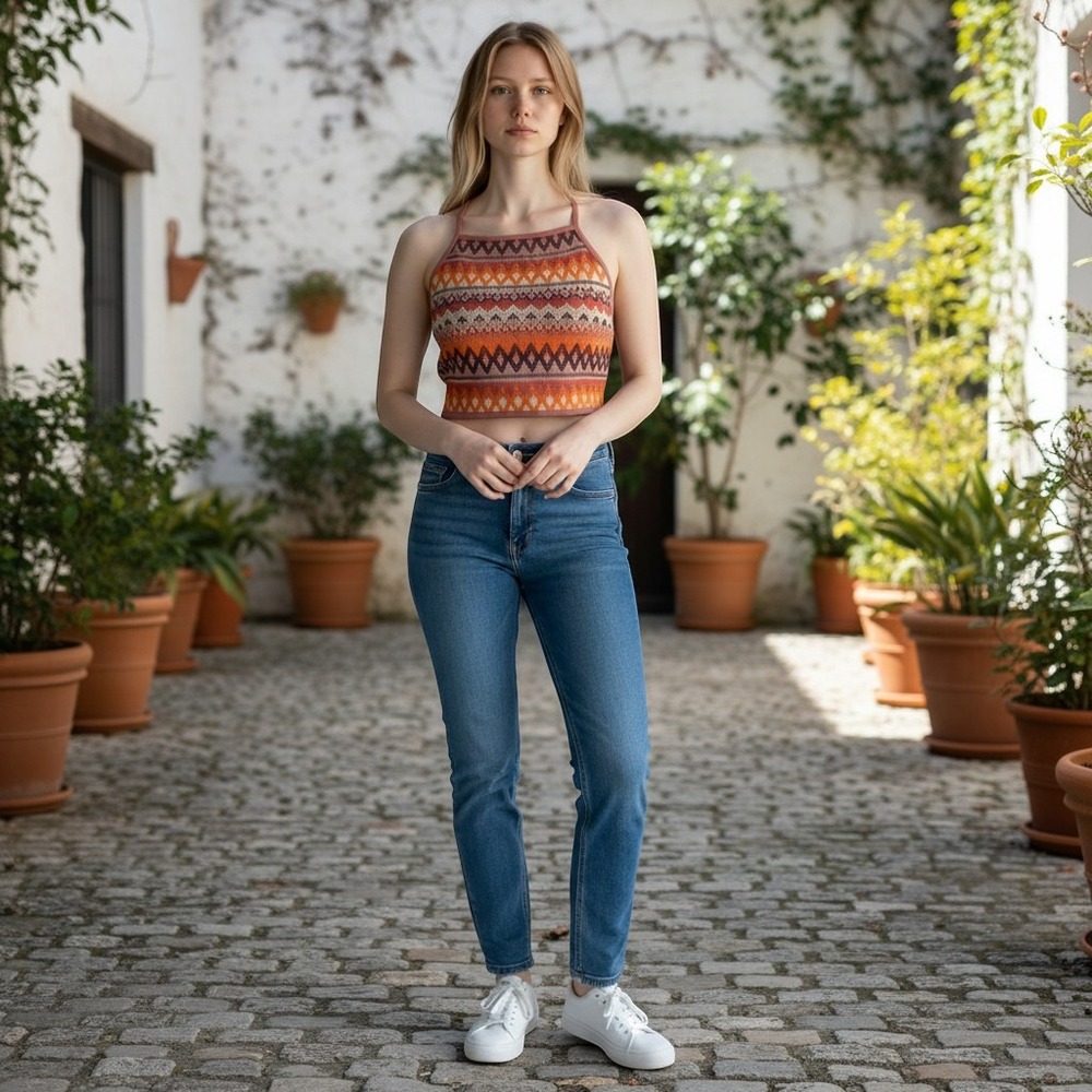 Boho Knit Halter Crop Top Orange Geometric Chevron Small Earthy Retro Summer 70s